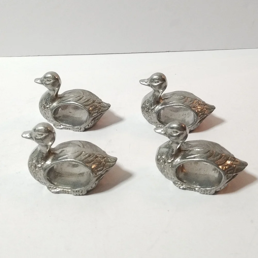 Lot of 4 Duck Pewter Napkin Ring Holders Set Vintage Duck Napkin Rings